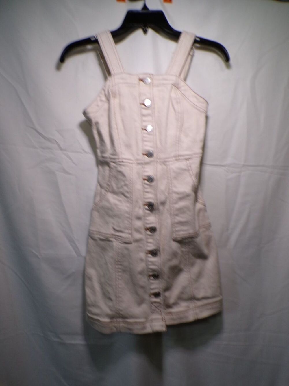 SO Denim Button Front Overall Mini Dress Beige Square Neck Juniors 0/24W